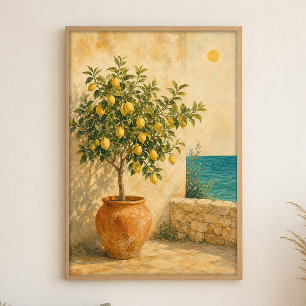 Lemon Tree by the Sea Watercolour Coastal Poster