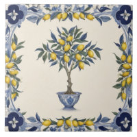 Lemon Tree in Blue and White Pot Lemons Border