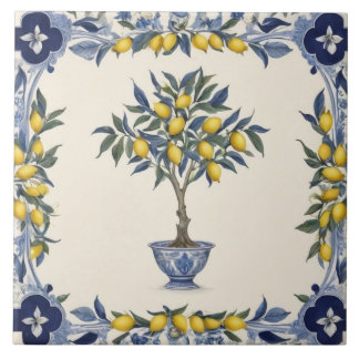 Lemon Tree in Blue and White Pot Lemons Border Ceramic Tile