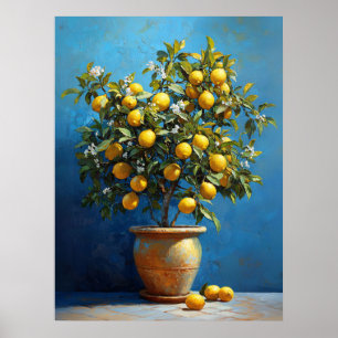 Lemon Tree in Clay Pot with Blossoms Poster