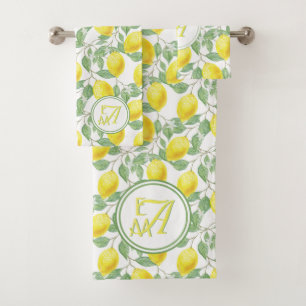 Lemon Tree Monogrammed Pattern Yellow Green Decor Bath Towel Set