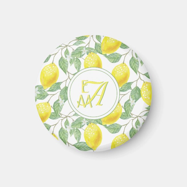 Lemon Tree Monogrammed Pattern Yellow Green Decor Magnet (Front)