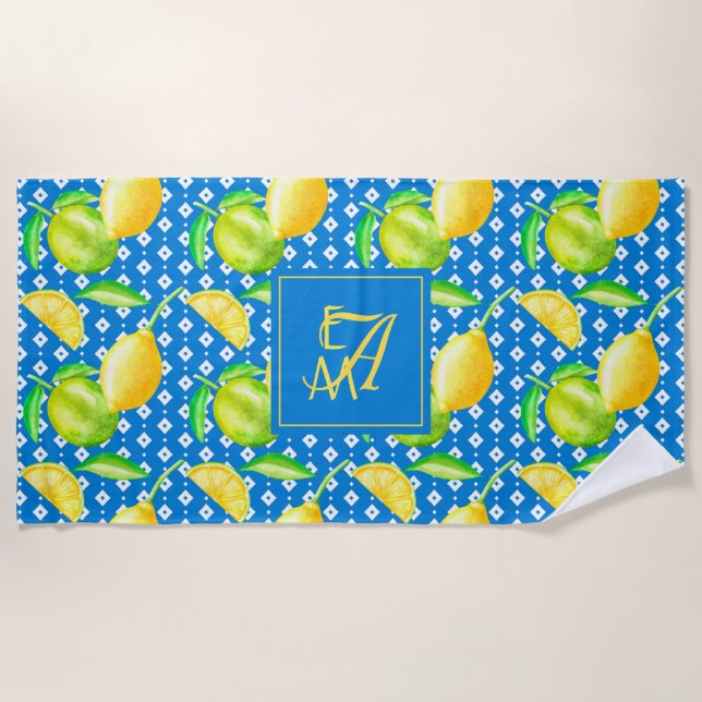 Lemon Tree Ocean Blue MONOGRAM Newlyweds Wedding Beach Towel (Front)