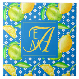 Lemon Tree Ocean Blue MONOGRAM Newlyweds Wedding Ceramic Tile