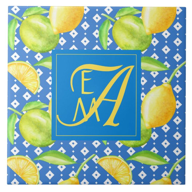 Lemon Tree Ocean Blue MONOGRAM Newlyweds Wedding Ceramic Tile (Front)