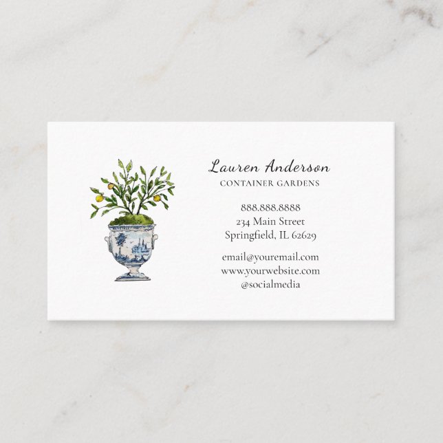 Lemon tree topiary in pot Gardener  Business Card (Front)