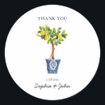 Lemon tree topiary Thank You Wedding  Classic Round Sticker<br><div class="desc">Elegant personalised hand painted watercolor Lemon tree topiary in Blue & white vase Happy Thank you stickers for Lemon themed wedding.</div>