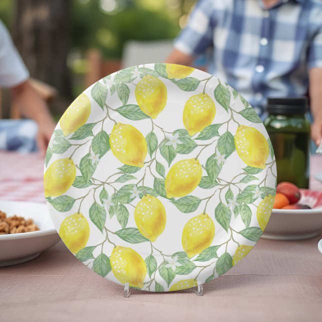 Lemon Tree Watercolor Fresh Yellow Citrus Picnic Paper Plate (Lemon tree paper plates cheerful Summer botanical watercolor for outdoor party, picnic and BBQ)