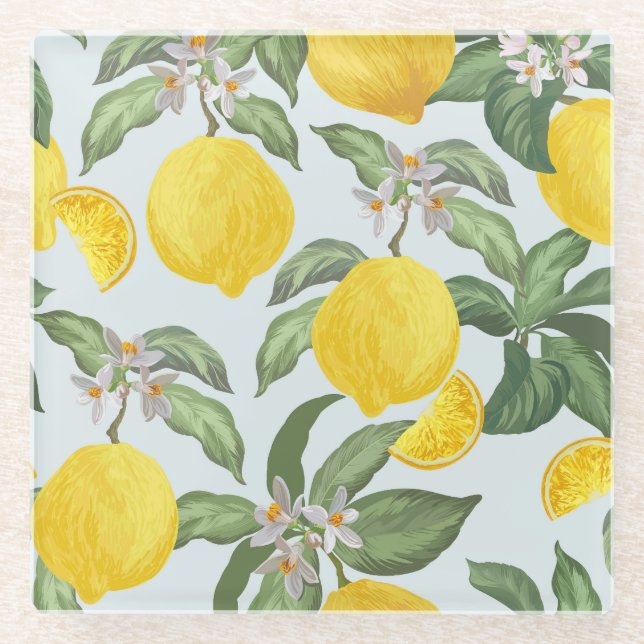Lemon Tropical Fruit Vintage Pattern Glass Coaster (Front)