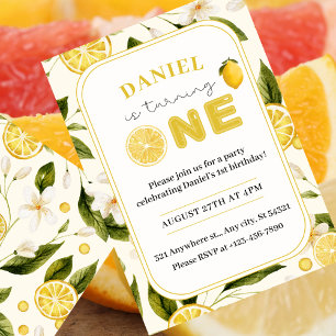 Lemon Watercolor 1st Birthday Party Invitation