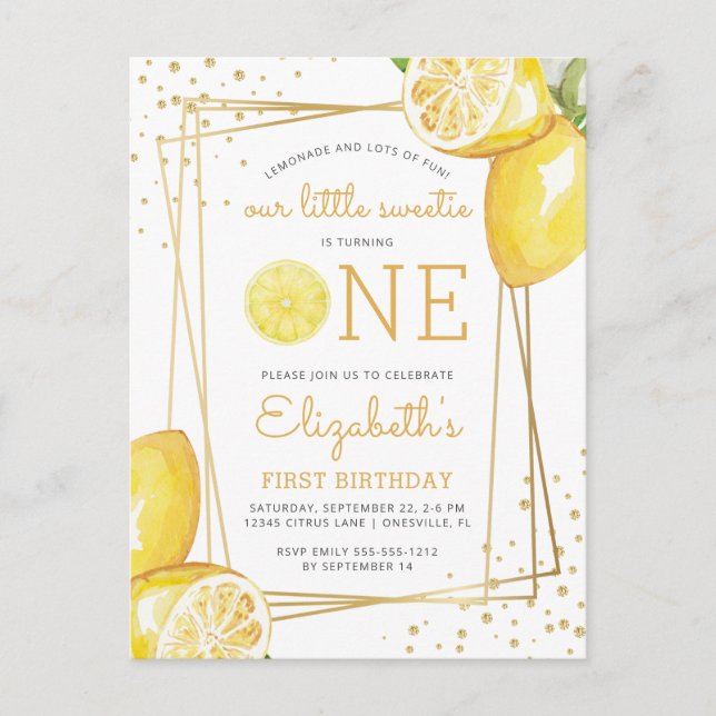 Lemon Watercolor 1st Birthday Party Invitation Postcard (Front)