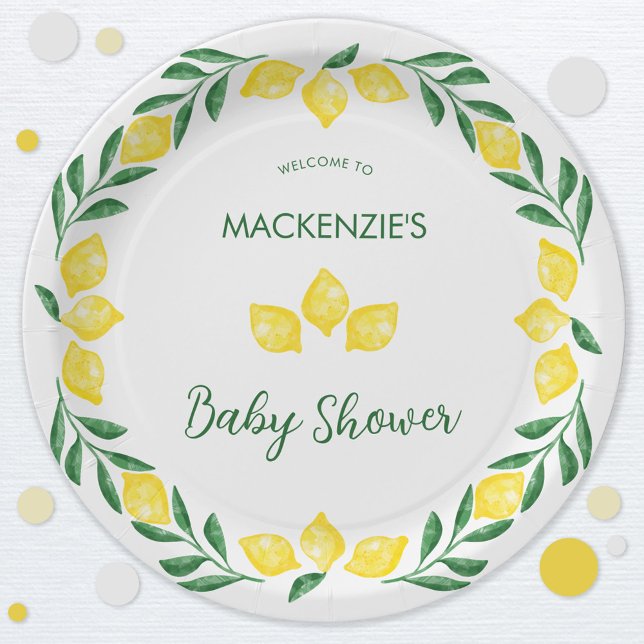 Lemon Watercolor Baby Shower Personalised Paper Plate (Green yellow and white personalized baby shower lemon watercolor paper plate)