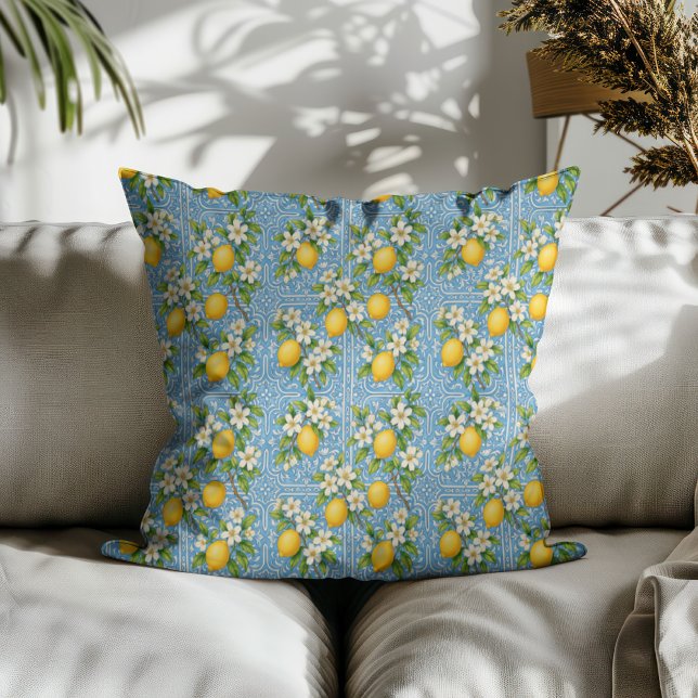 Lemon Watercolor Blue Mediterranean Tile Pattern Cushion (See collection for coordinating home décor items)