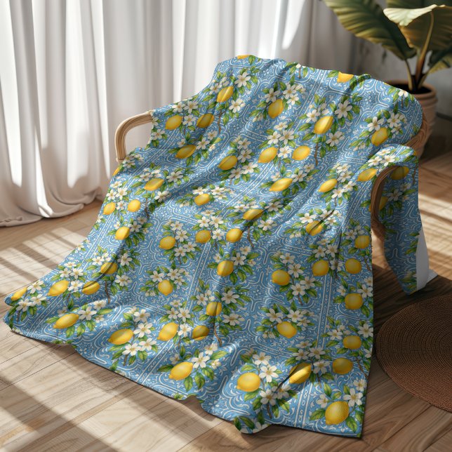Lemon Watercolor Blue Mediterranean Tile Pattern Fleece Blanket (View the collection for matching home decor products)