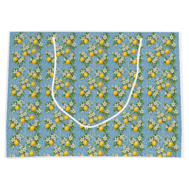 Lemon Watercolor Blue Mediterranean Tile Pattern Large Gift Bag (Front)