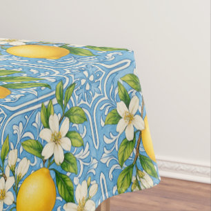 Lemon Watercolor Blue Mediterranean Tile Pattern Tablecloth