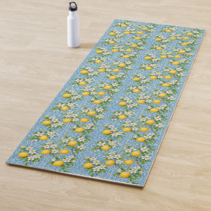 Lemon Watercolor Blue Mediterranean Tile Pattern Yoga Mat