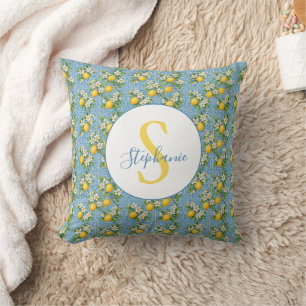 Lemon Watercolor Blue Tile Pattern Custom Cushion