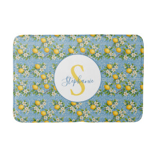 Lemon Watercolor Blue Tile Pattern Personalized Bath Mat