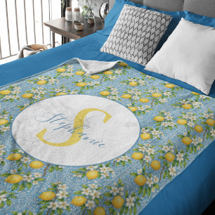 Lemon Watercolor Blue Tile Pattern Personalized Fleece Blanket