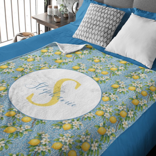 Lemon Watercolor Blue Tile Pattern Personalized Fleece Blanket (Personalize with initial & name.  Other items available with this design)