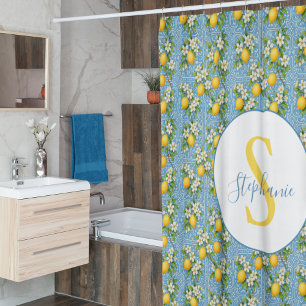 Lemon Watercolor Blue Tile Pattern Personalized Shower Curtain