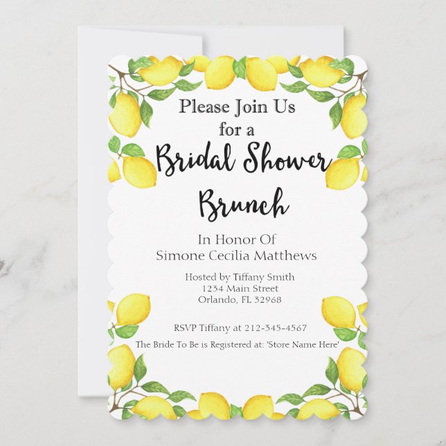 Lemon Watercolor Bridal Shower Brunch Invitation (Front)