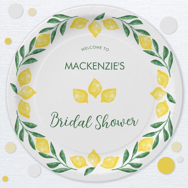 Lemon Watercolor Bridal Shower Personalised Paper Plate (Green, yellow and white watercolor lemon personalized bridal shower celebration paper plates)