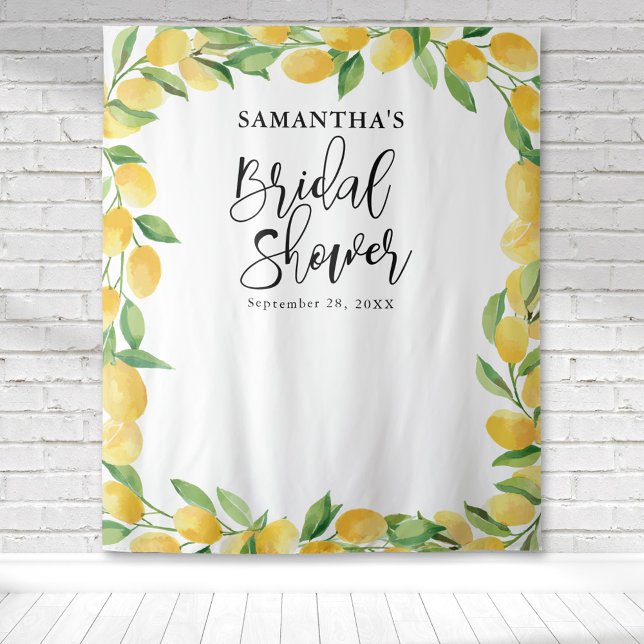 Lemon Watercolor Citrus Fruit Bridal Shower Tapestry (Watercolor yellow lemon fruit border bridal shower welcome backdrop perfect for photo ops.)