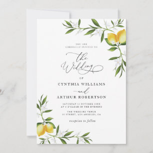 lemon watercolor greenery floral wedding invitation