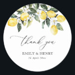 lemon watercolor mediterrenean wedding thank you classic round sticker<br><div class="desc">This design features lemon watercolor Mediterranean floral with lovely script text that can be personalised.</div>