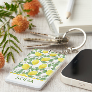 Lemon watercolor pattern custom name yellow key ring