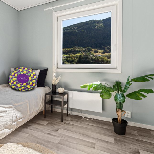 Lemon watercolor pattern simple purple  round cushion (Creator Uploaded)