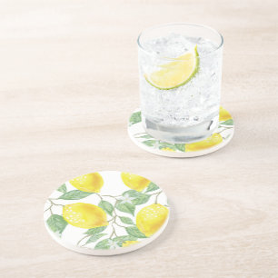  Lemon  Watercolor Pattern Stone Coaster