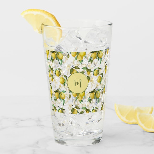 Lemon Watercolor Pattern with Initial Monogram Glass (Front Ice)