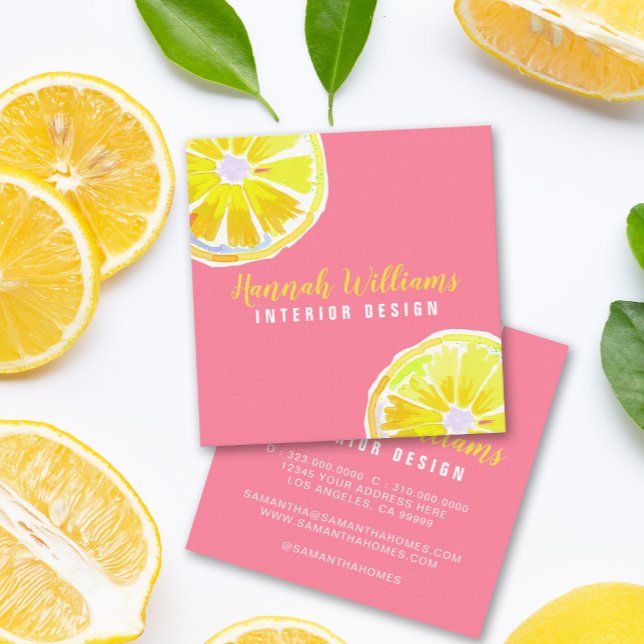 Lemon Watercolor Pink Modern Square Business Card (Creator Uploaded)
