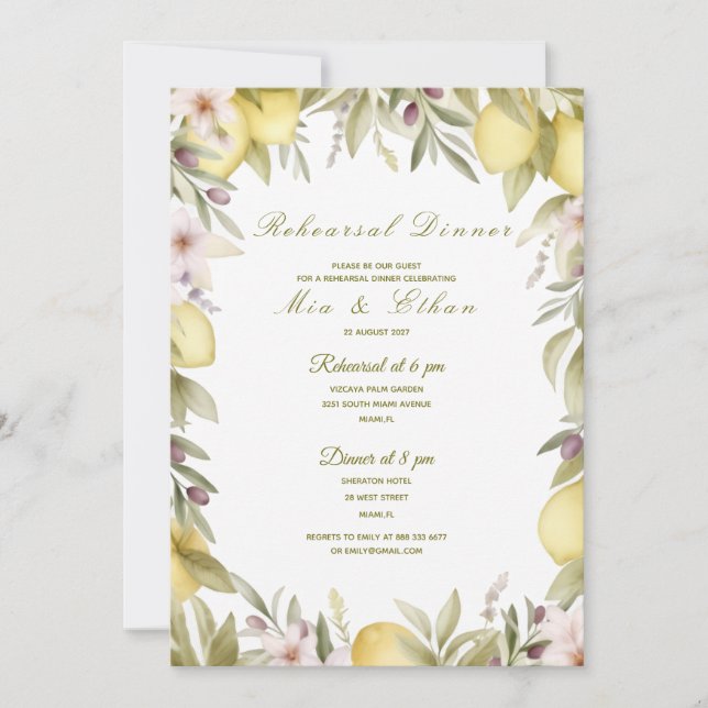 Lemon watercolor rehearsal dinner invite (Front)