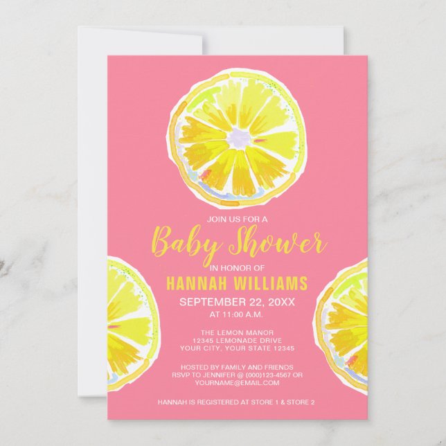 Lemon Watercolor Slices Pink Baby Shower Invitation (Front)
