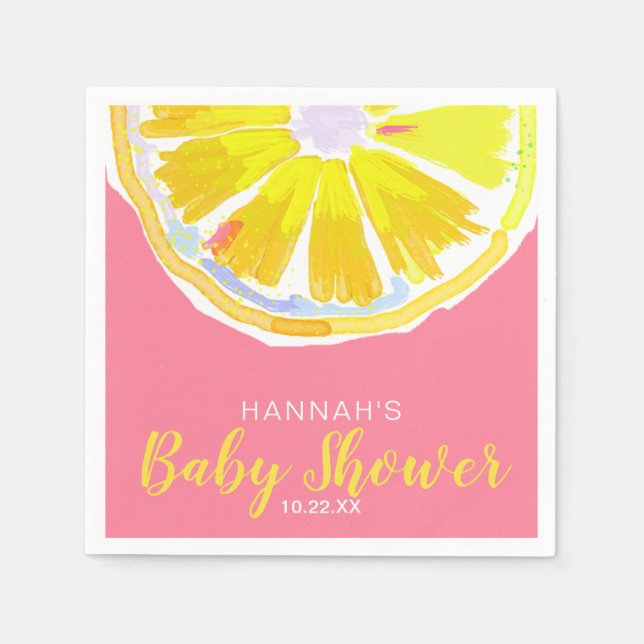 Lemon Watercolor Slices Pink Baby Shower Napkin (Front)