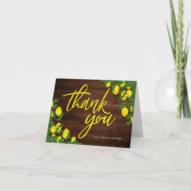 Lemon Watercolor Summer Rustic Wood Thank You Card (Front)