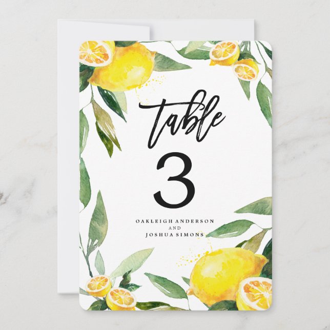 Lemon Watercolor Wedding Table Number Cards (Front)
