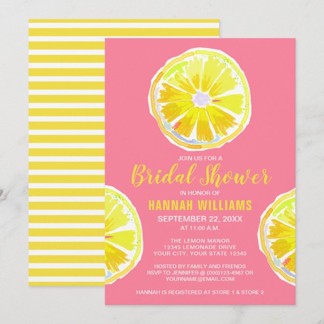 Lemon Watercolor with Pink Bridal Shower Invitation (Front/Back)