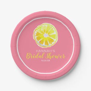 Lemon Watercolor with Pink Bridal Shower Paper Plate