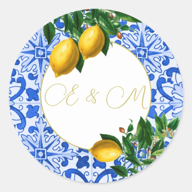  Lemon Wedding Blue Tile Monogram Summer Classic Round Sticker (Front)