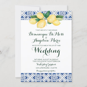 Lemon Wedding Blue White Mediterranean Tile Invitation