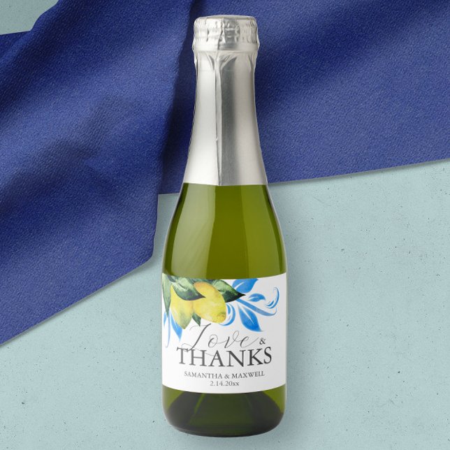 Lemon Wedding Table Decor Brunch and Bubbly Sparkling Wine Label (wedding favors mini champagne label botanical watercolor lemons by Victoria Grigaliunas Alfresco)
