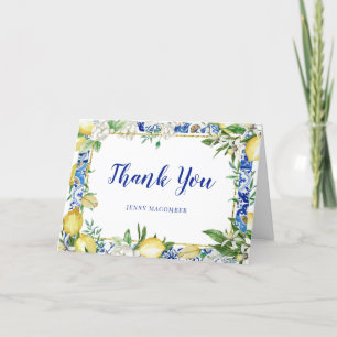 Lemon White Floral Blue Mosaic Tile Folded Thank You Card