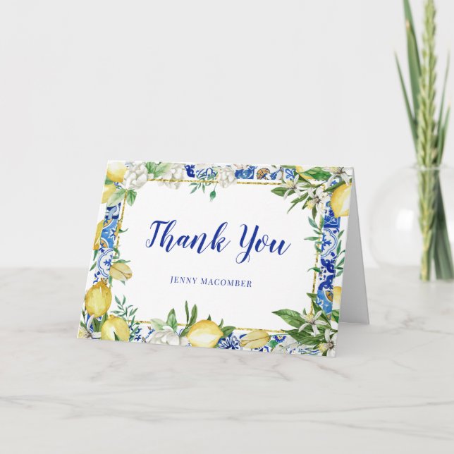 Lemon White Floral Blue Mosaic Tile Folded Thank You Card (Front)