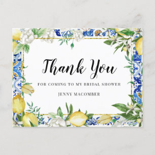 Lemon White Floral Blue Mosaic Tile Postcard