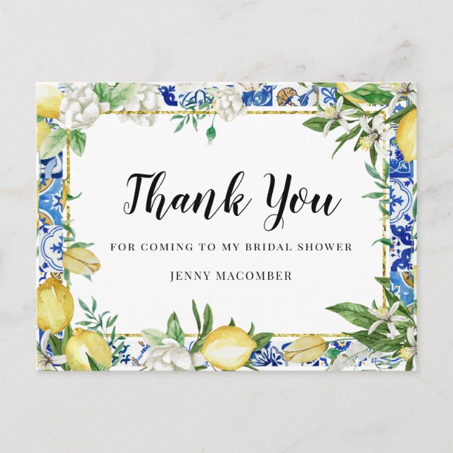 Lemon White Floral Blue Mosaic Tile Postcard (Front)